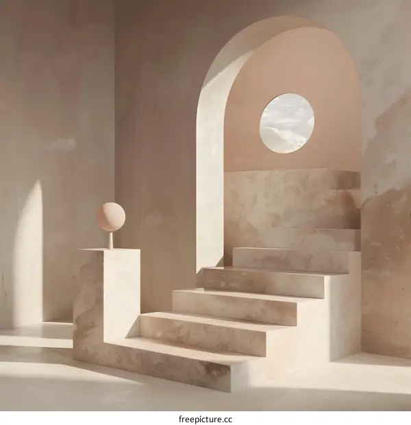 Minimalist Abstract Beige Room Interior Design with Stairs and Archway
