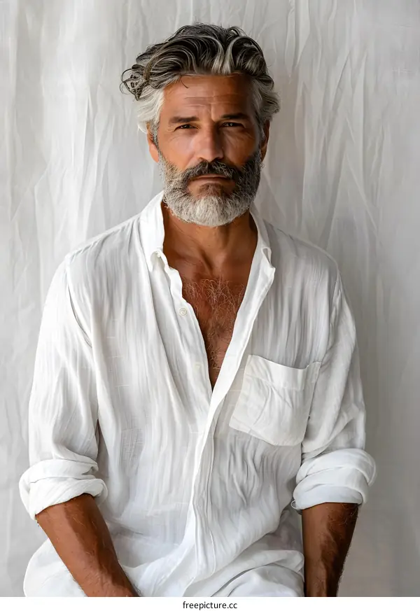 Portrait of a handsome bearded man in a white shirt