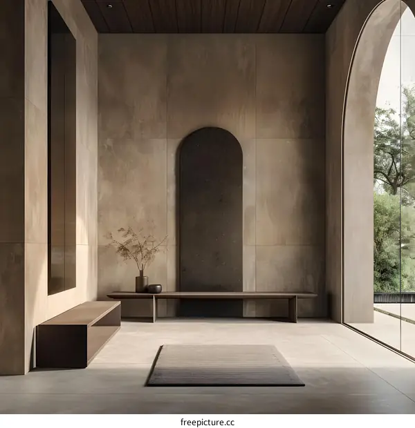 Minimalist Interior Design With Arch and Wooden Bench