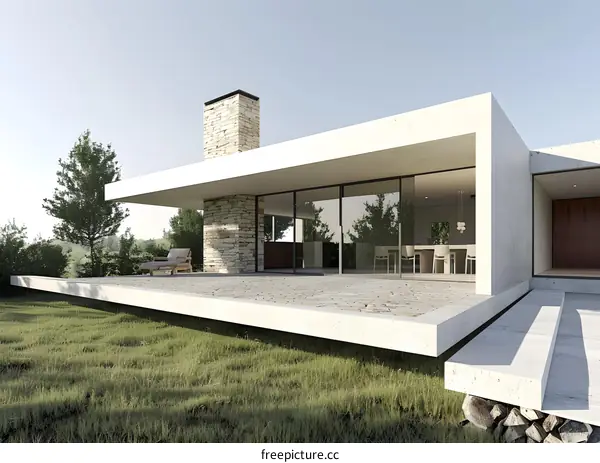 Modern Minimalist House Exterior Design With Patio And Stone Chimney
