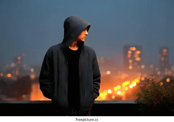 Man in Hoodie at Night City Skyline