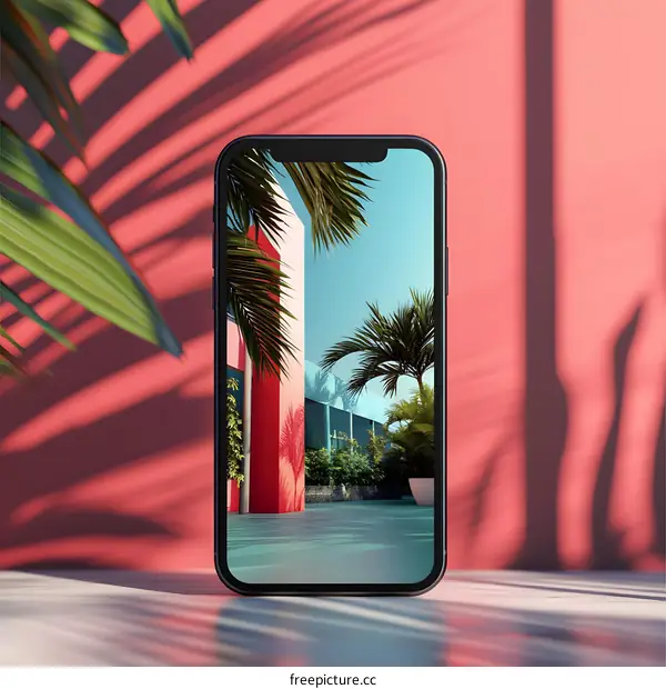 Mobile Phone Screen With Palm Tree  Tropical Landscape