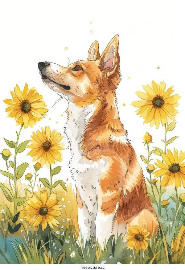 A cute corgi standing in a field of sunflowers