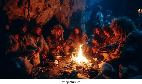 Early Humans Gather Around a Cave Fire