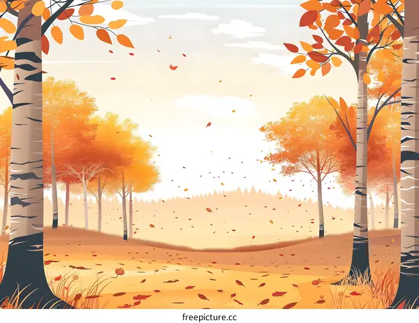 Autumn Landscape with Falling Leaves Illustration