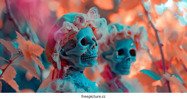 Two Skeletons in Blue Lace Dresses