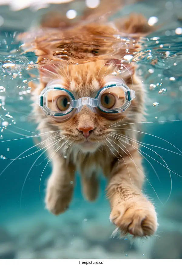 Playful Cat Wearing Swimming Goggles Underwater