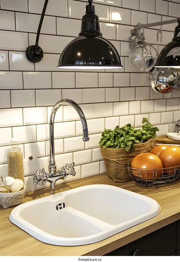 White Kitchen Sink with Black Pendant Light and Subway Tile Backsplash
