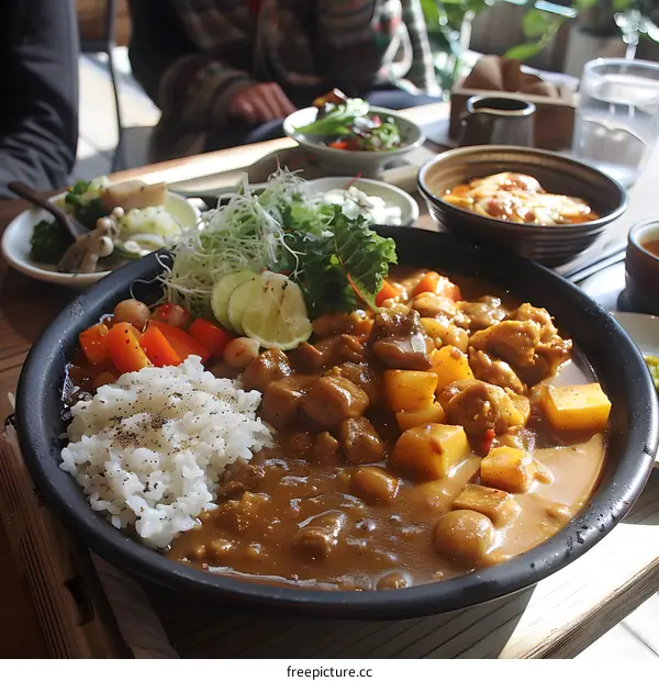 A plate of Japanese curry with rice and vegetables