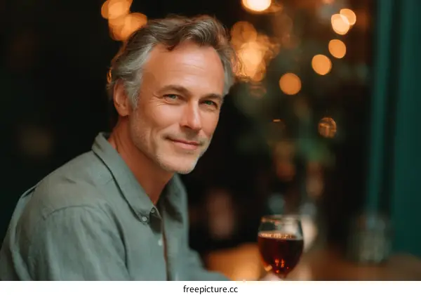 Smiling Man Enjoying Wine in Cafe