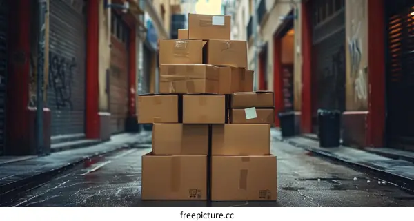 Stack of Cardboard Boxes in Alleyway