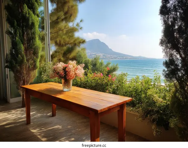 Wooden Dining Table with Ocean View