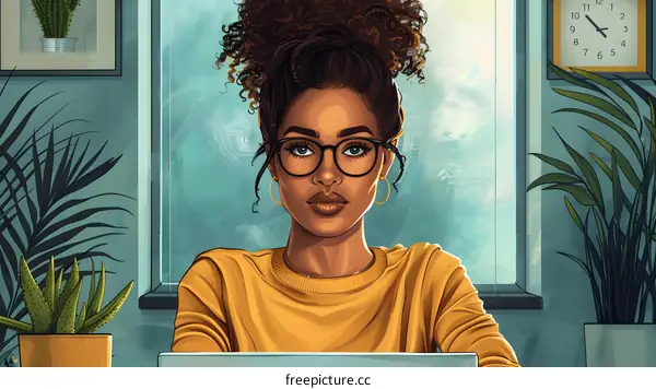 Portrait of a young woman of African descent, wearing glasses, with curly hair, and a yellow sweater, sitting at a desk, with a laptop open.