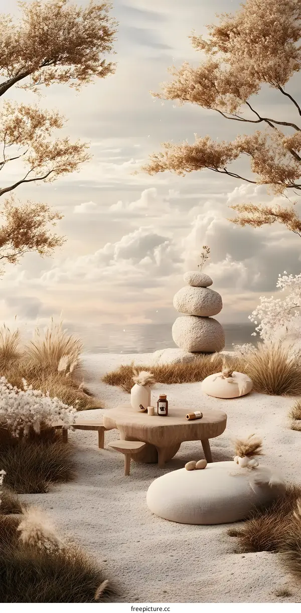 Minimalist Zen Garden with Stones and Wooden Furniture