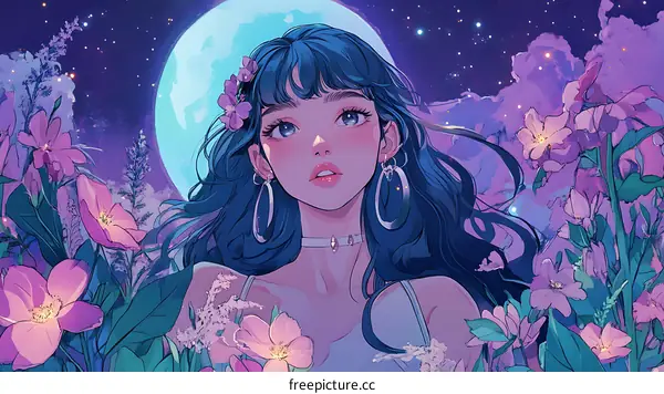 A Beautiful Girl Under the Moonlight and Flowers