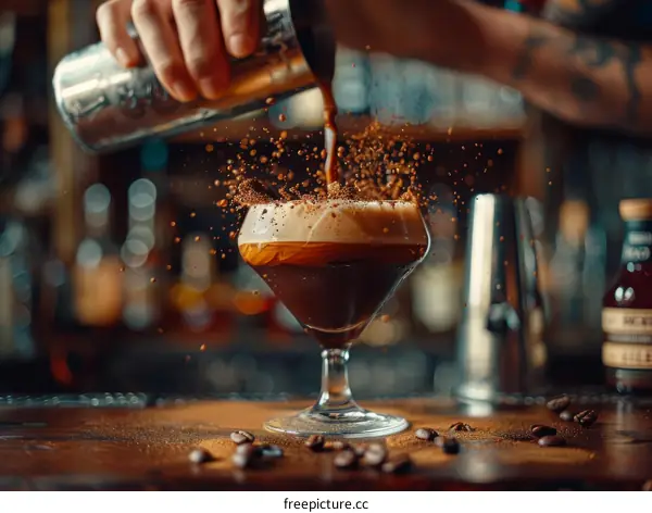 Coffee Liqueur Pouring into a Martini Glass