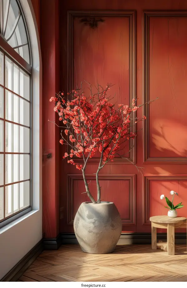 Elegant Red Room Interior Design with Blooming Tree