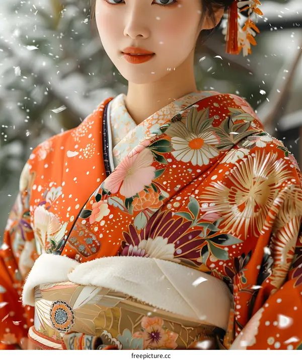 Close Up of a Woman in a Beautiful Red Kimono in the Snow