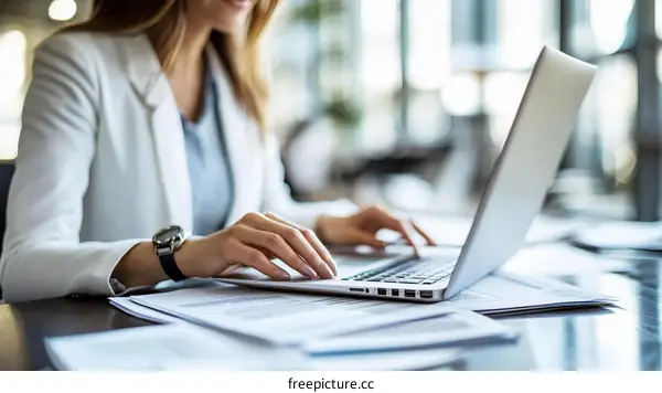 Business Woman Working on Laptop at Office