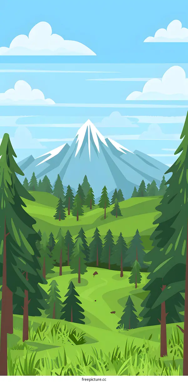 Green Mountain Landscape Illustration with Snowy Peak