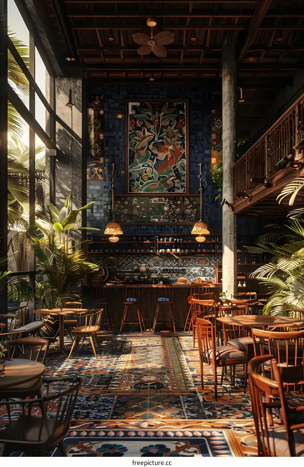 The interior of a restaurant with a blue and white tile mural of a peacock and flowers.