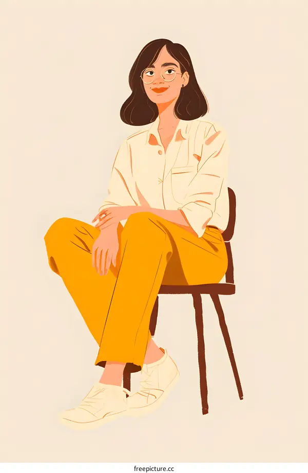 Smiling Woman in Yellow Pants Sitting on a Chair