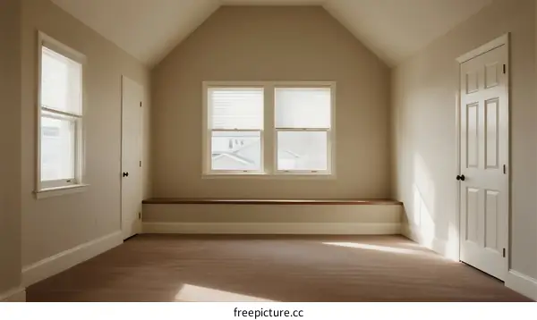 Empty room with slanted ceiling and two windows