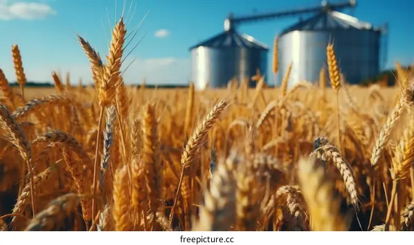 Golden wheat field with grain elevators in the background