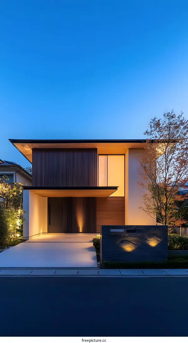 Modern Japanese Home with Wood Paneling and a Stone Wall