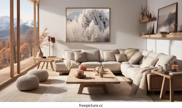 A cozy living room with a large sectional sofa, coffee table, rug, and picture of snow-covered trees.