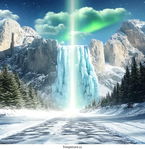 Frozen Waterfall Landscape With Bright Light