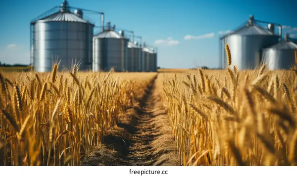 A golden wheat field with grain silos in the distance