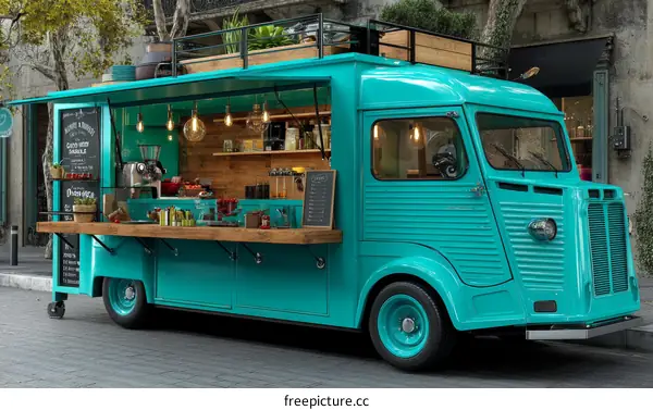 Vintage Turquoise Food Truck Cafe on City Street