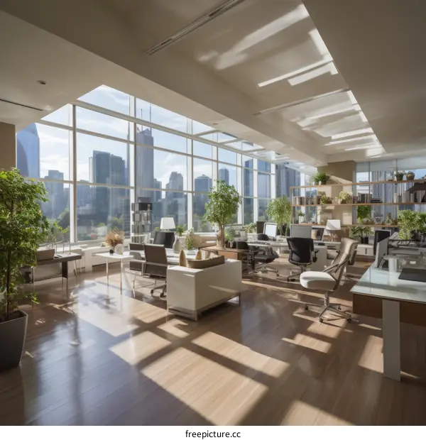 A modern office space with a city view
