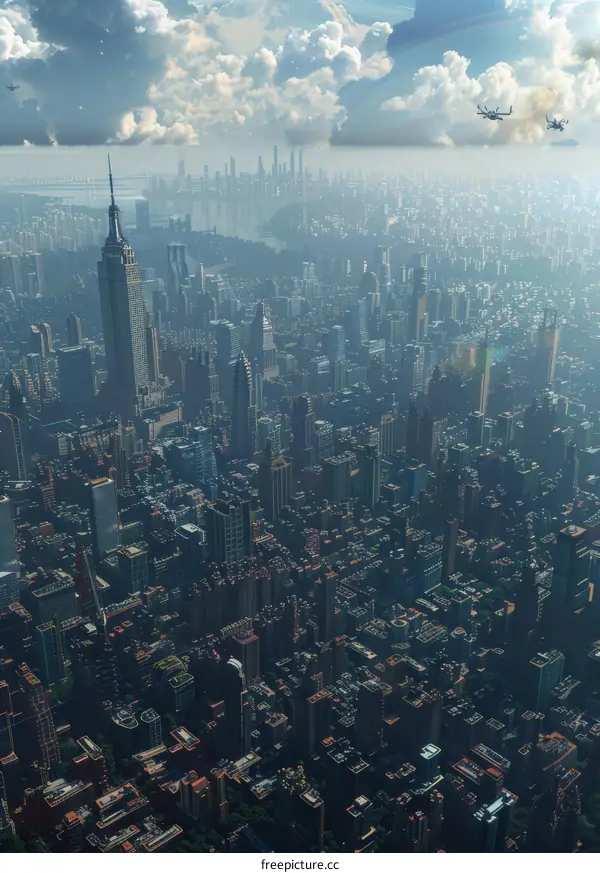 Futuristic Cityscape with Flying Cars and Airships