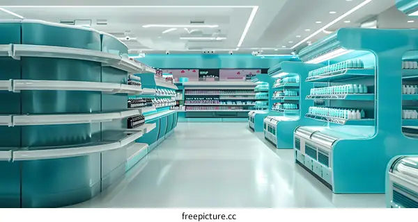 Empty Store Interior with Blue Shelves