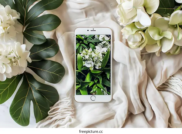 White Flowers on a Phone Screen Surrounded by Green Leaves