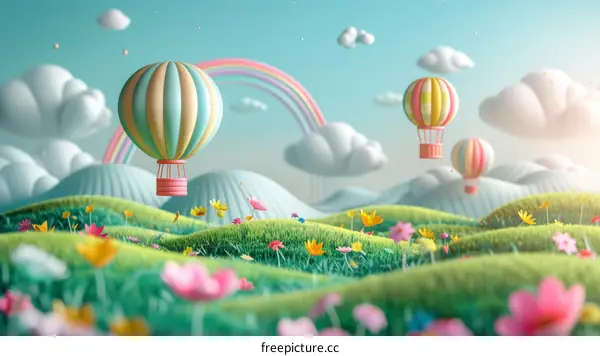 Hot Air Balloons Over Rolling Green Hills