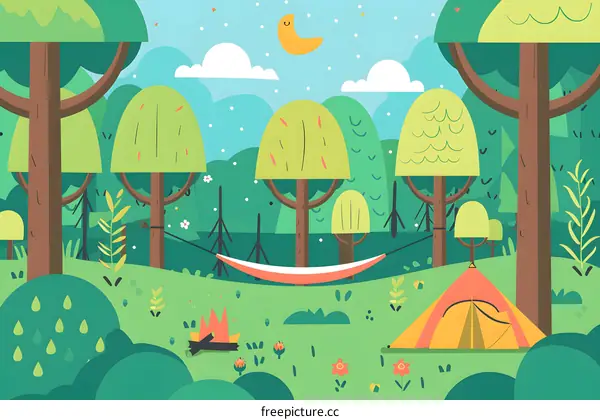 Camping In The Forest With Hammock And Tent