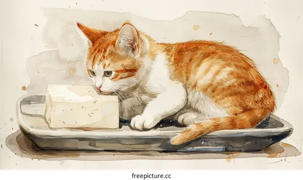 Orange cat looking at a block of cheese