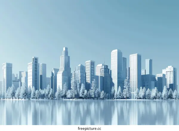 Winter Cityscape with Frozen Lake and Snow-Covered Buildings