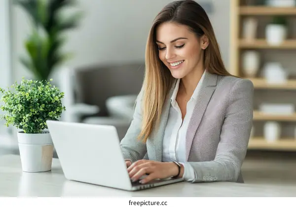 Woman Working on Laptop in Modern Office