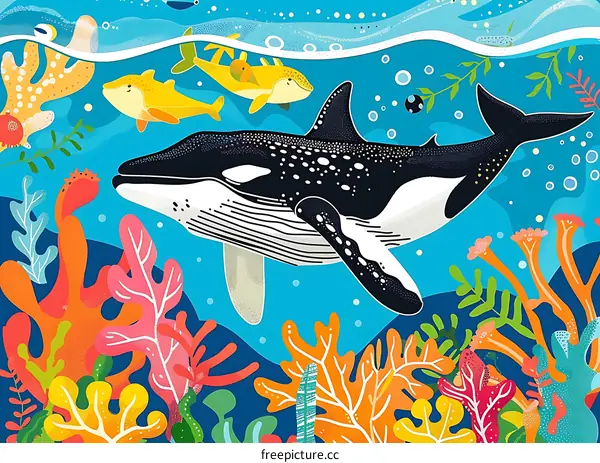 Colorful Underwater World with Whale and Coral Reef