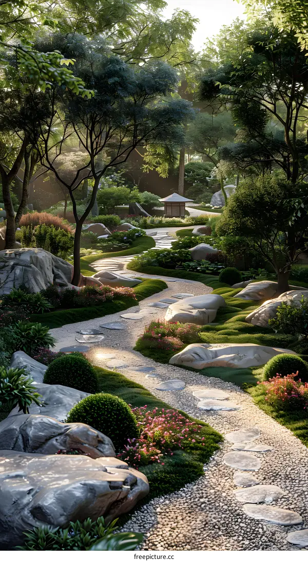 winding stone path through a lush green Japanese garden