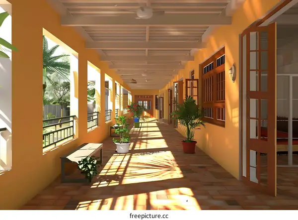 Sunlight Through Windows In A Yellow Building Corridor