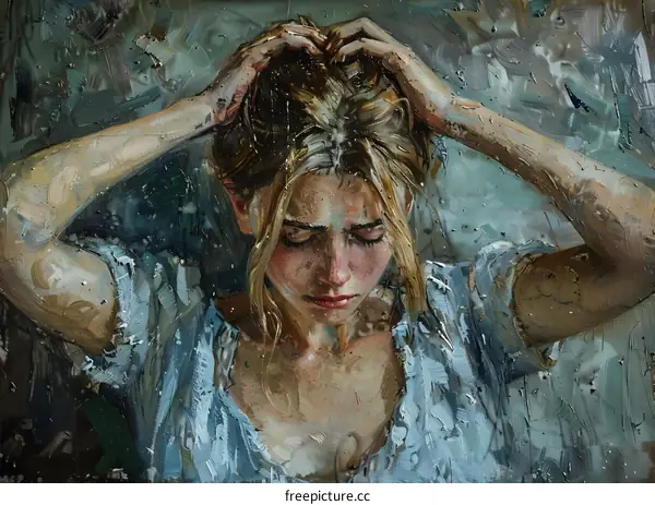 Portrait of a blonde woman with her hands in her hair