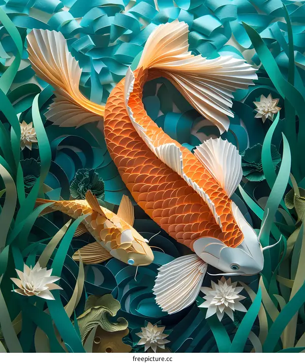 3D illustration of koi fish made of paper