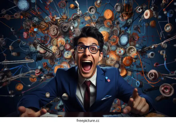 Successful businessman celebrating his success with a myriad of electronic components and wires bursting out of his head in the background