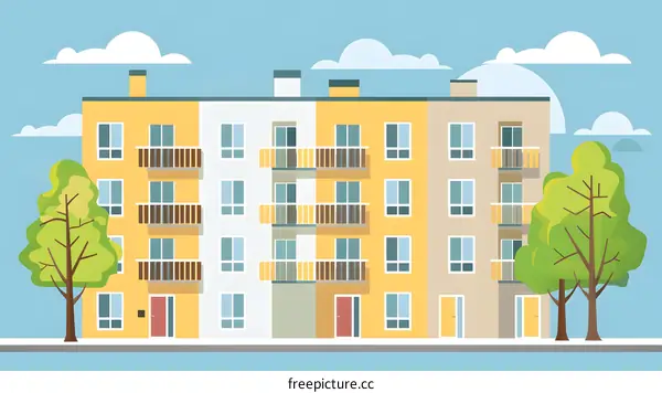 Yellow Building with Balconies and Trees in Flat Design