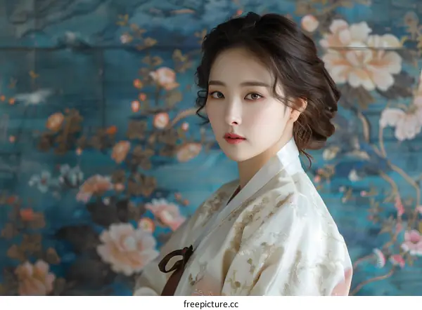 Elegant Asian Woman Wearing Traditional Korean Hanbok